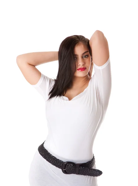 Σέξι μελαχρινή σε λευκό πουκάμισο — Φωτογραφία Αρχείου