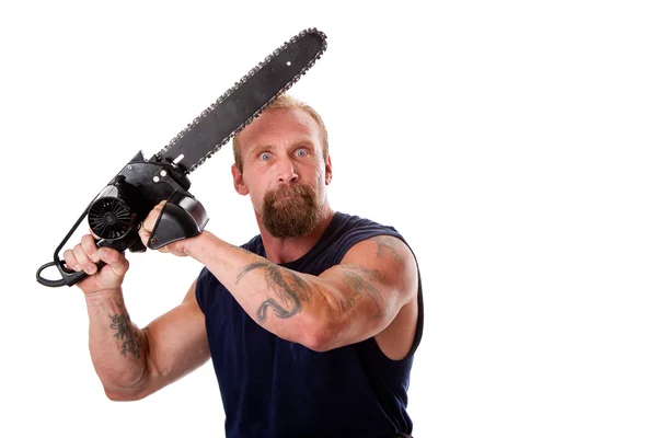 Crazy guy with chainsaw — Stock Photo, Image