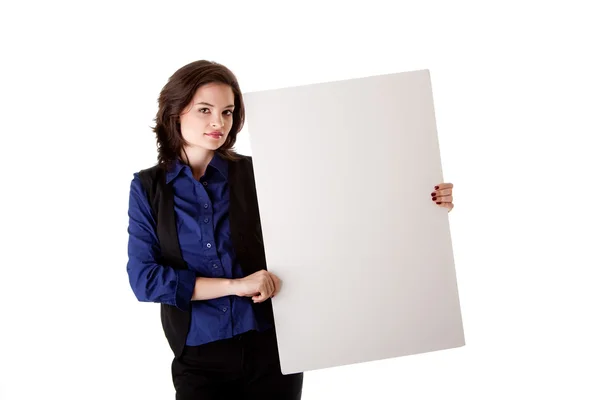 Jovem mulher de negócios com placa branca — Fotografia de Stock
