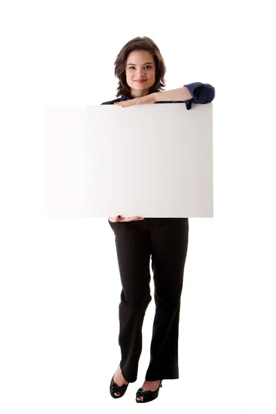 Junge Geschäftsfrau mit weißem Brett — Stockfoto