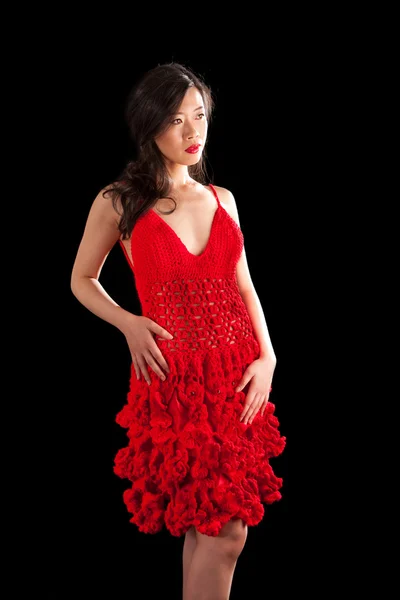 Asian woman in red crochet dress — Stock Photo, Image