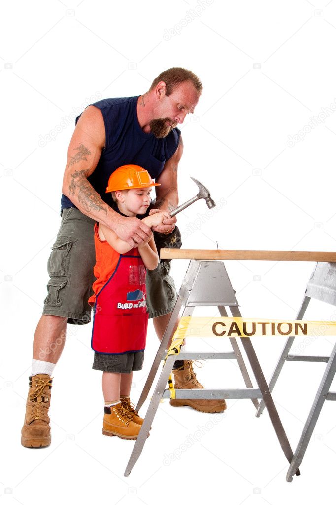 Father teaching son construction