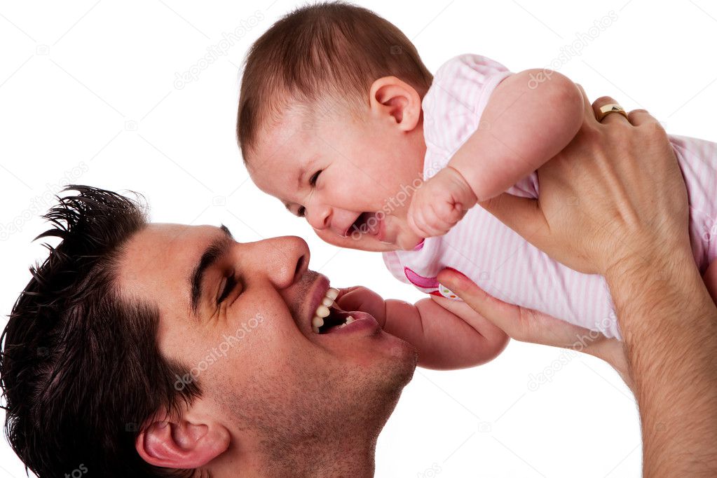 Happy laughing father and baby daughter
