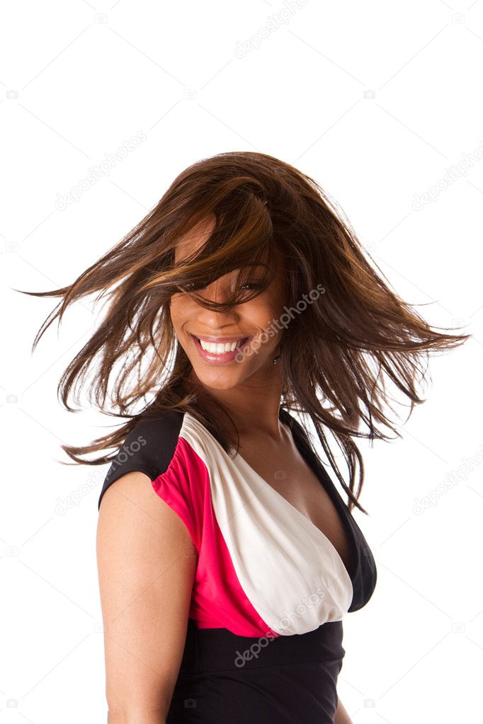 African business woman swirling hair