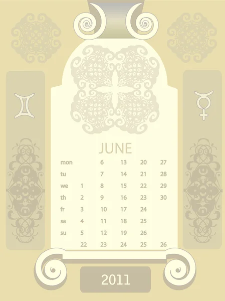 Calendario delle finestre retrò, giugno — Vettoriale Stock