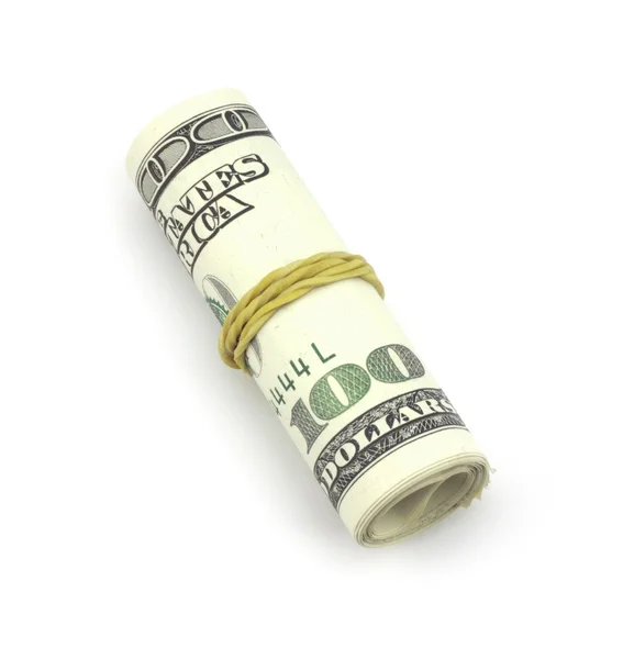 Pacote torcido de notas de cem dólares — Fotografia de Stock