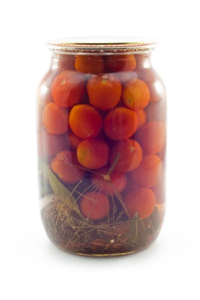 Pickled tomatoes in domestic bank — Stock Photo, Image