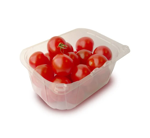 Plastiktablett mit Tomaten. — Stockfoto