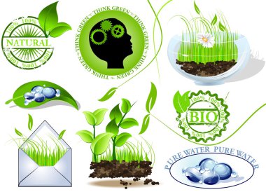 Nature icons set, eco and bio message clipart