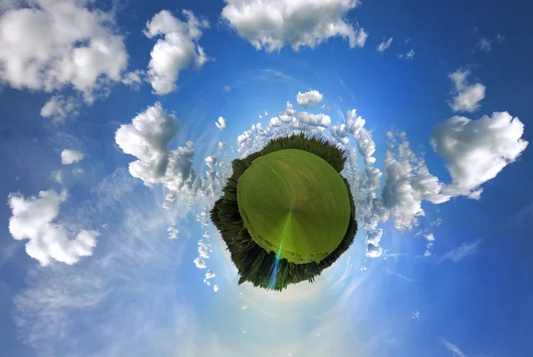 stock image Circular panorama of a green field with clouds