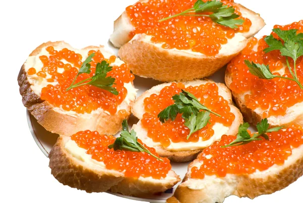 Sandwiches with red caviar. — Stock Photo, Image