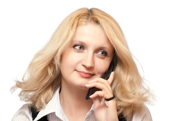 Romantic woman listens to phone — Stock Photo, Image