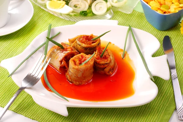 Herring rolls in salsa sauce for easter — Stock Photo, Image