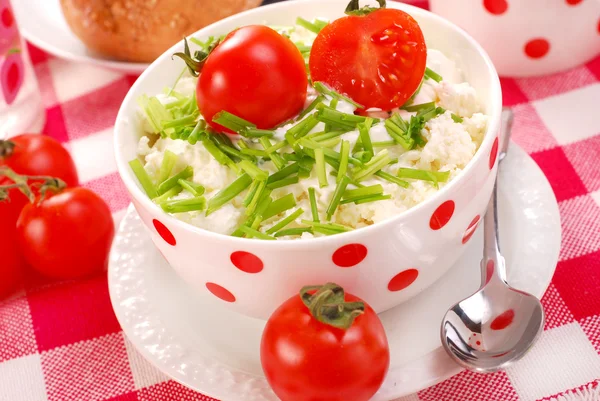 Ontbijt met cottage kaas, tomaat — Stockfoto