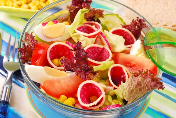 Fresh salad with salami — Stock Photo, Image