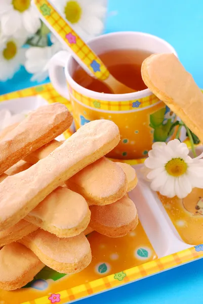 Sponge fingers and tea for child — Stock Photo, Image