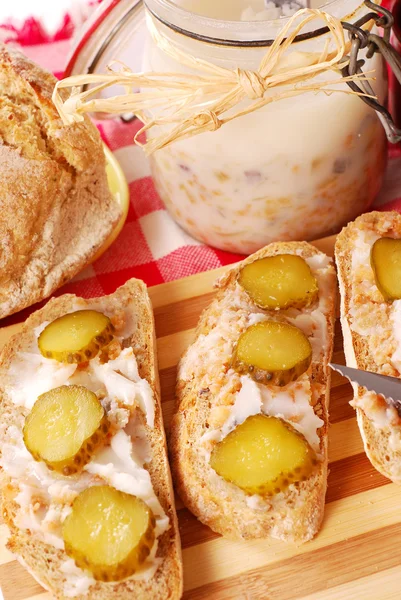 Bread with lard and gherkin — Stock Photo, Image