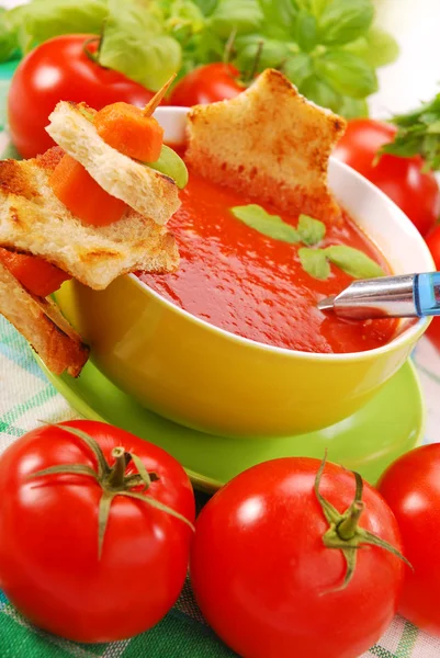 Soupe à la crème de tomate aux croûtons — Photo