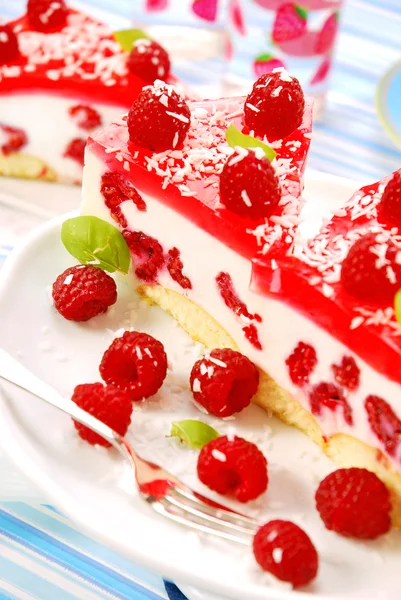 Cheese cake with jelly and raspberry — Stock Photo, Image
