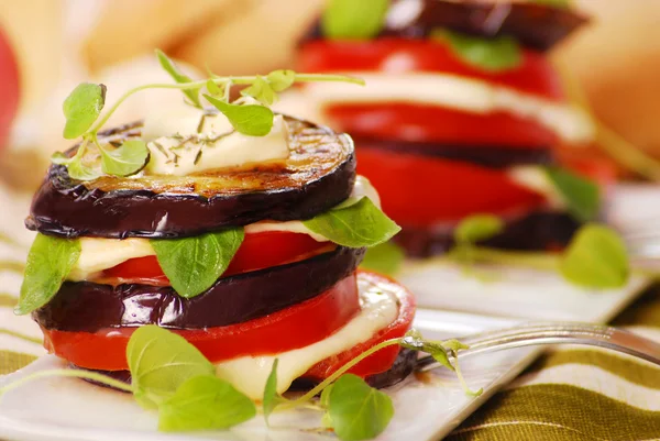 Gegrillte Auberginen, Tomaten und Mozzarella — Stockfoto
