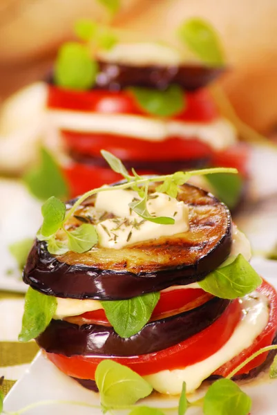 Grilled aubergine,tomato and mozzarella — Stock Photo, Image