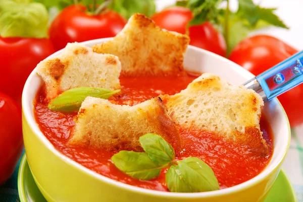 Sopa de creme de tomate com croutons — Fotografia de Stock