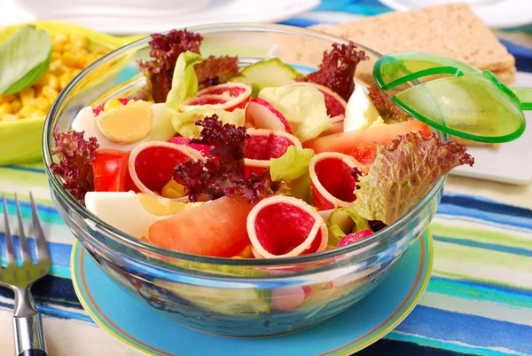 Fräsch sallad med salami och grönsaker — Stockfoto