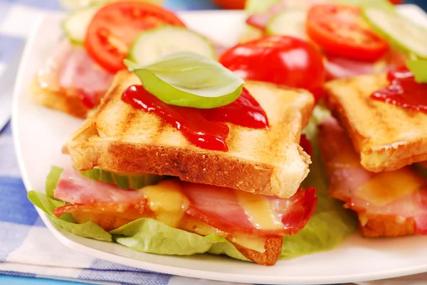 Toasts with cheese,bacon and tomato — Stock Photo, Image