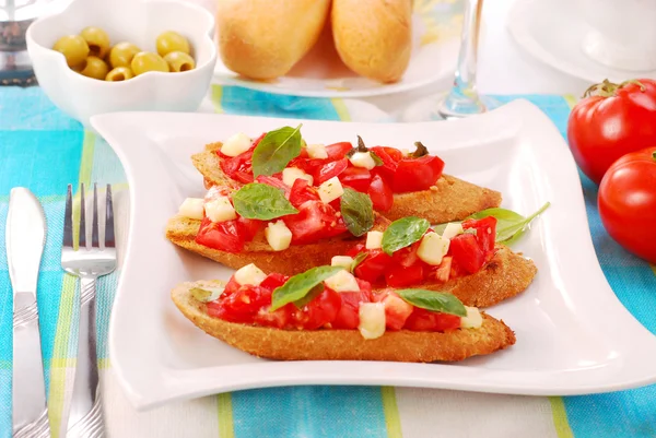 Rostade crostini med mozzarella och tomat — Stockfoto