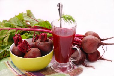 Fresh beets with leaves and clear soup clipart