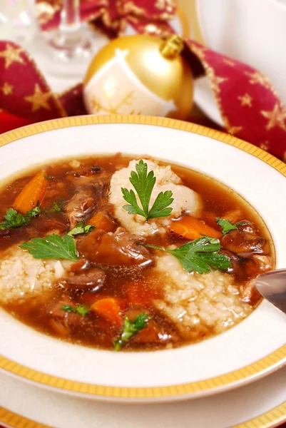 Clear mushroom soup for christmas — Stock Image Clear mushroom soup for christmas Stock Photo