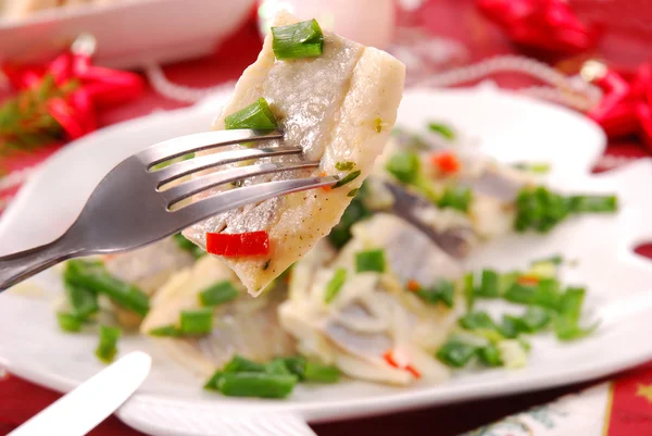 Herring in oils with chive and onion for christmas — Stock Photo, Image
