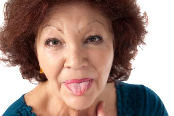 Senior woman razz cheerful isolated on white bac — Stock Photo, Image