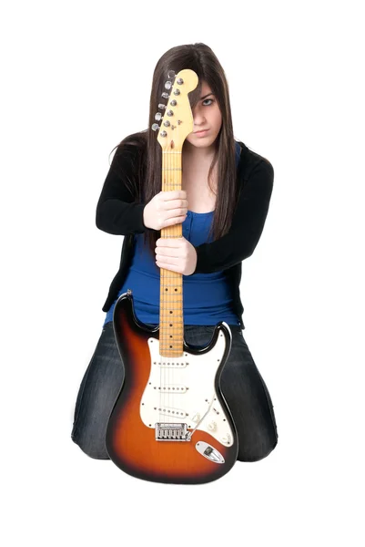 Genç kadın, elektro gitar wh izole — Stok fotoğraf