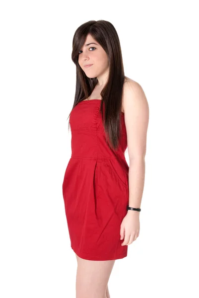 Όμορφη νεαρή γυναίκα απομονωμένη κόκκινο φόρεμα — Φωτογραφία Αρχείου