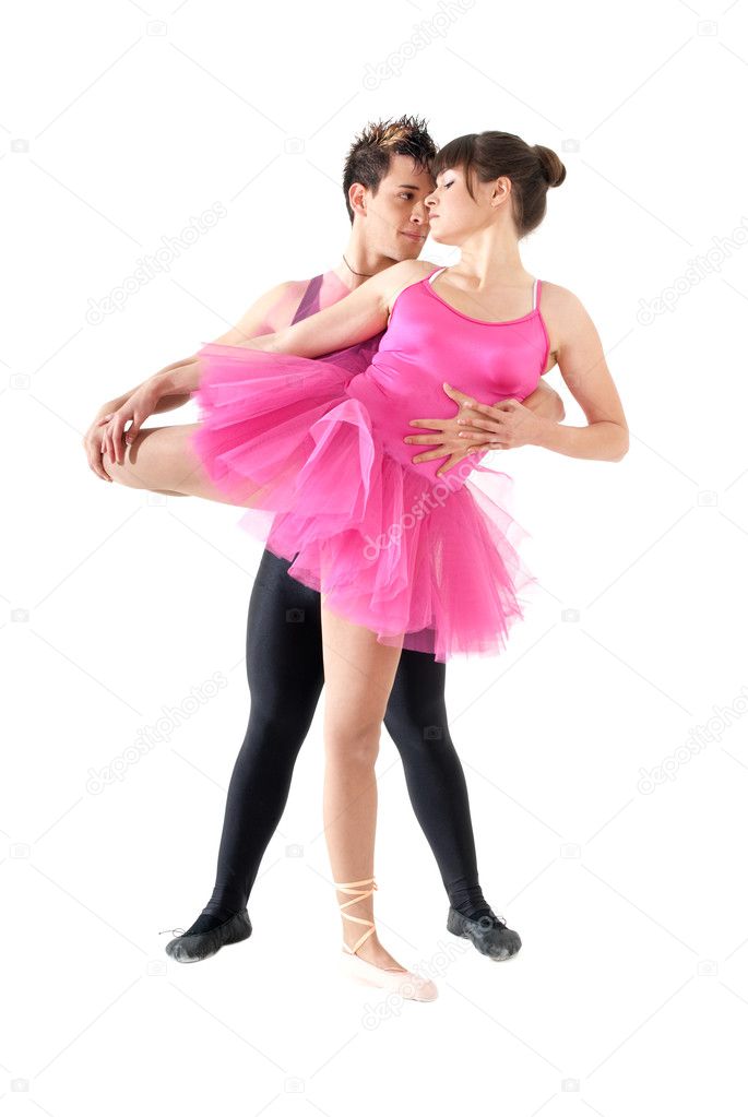 Young couple dancing ballet isolated on white ba