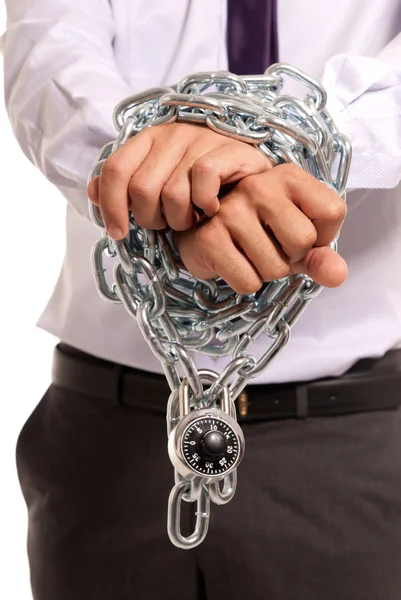 stock image Businessman hands fettered with chain and padlock, job slave symbol, isolat