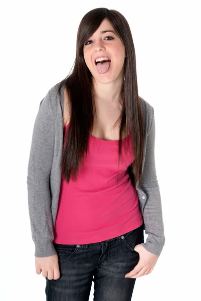 Jovem navalha feminina saindo língua alegre isolado no branco — Fotografia de Stock