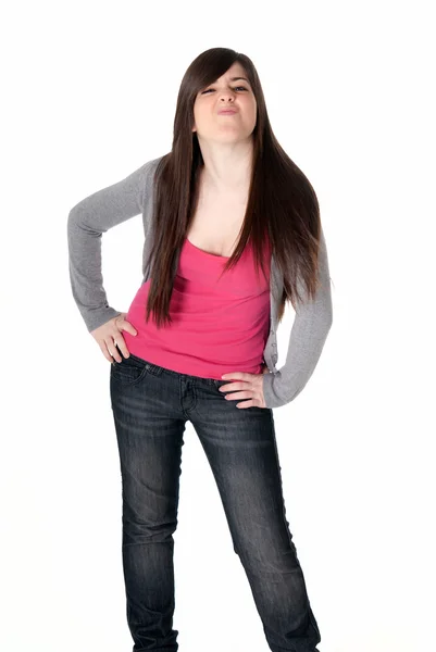 Young female cheerful joke expression isolated on white background — Stock Photo, Image
