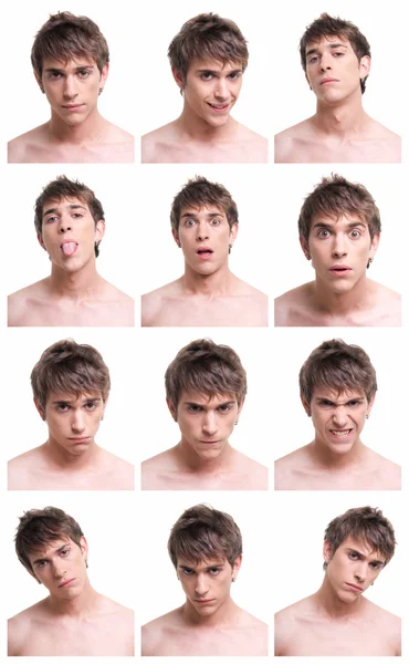 Mladý muž tvář složené výrazy izolovaných na bílém pozadí — Stock fotografie
