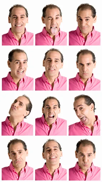 Erwachsener Mann Gesichtsausdrücke zusammengesetzt isoliert auf weißem Hintergrund — Stockfoto