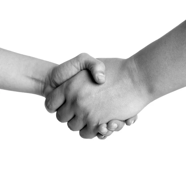 Homem e mulher aperto de mão preto e branco isolado no fundo branco — Fotografia de Stock