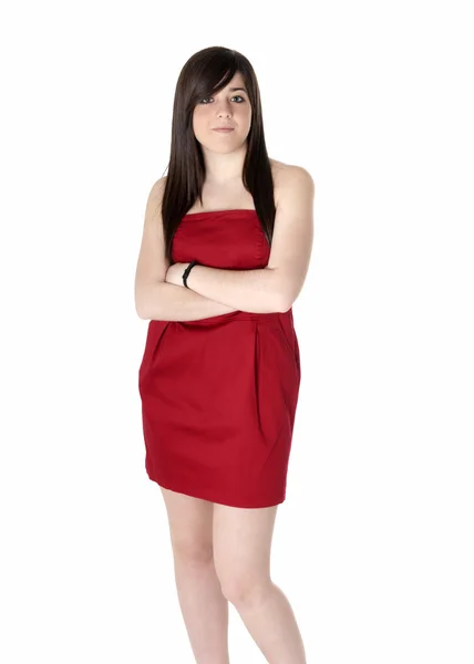 年轻女子美丽与孤立在白色的红裙子. — 图库照片