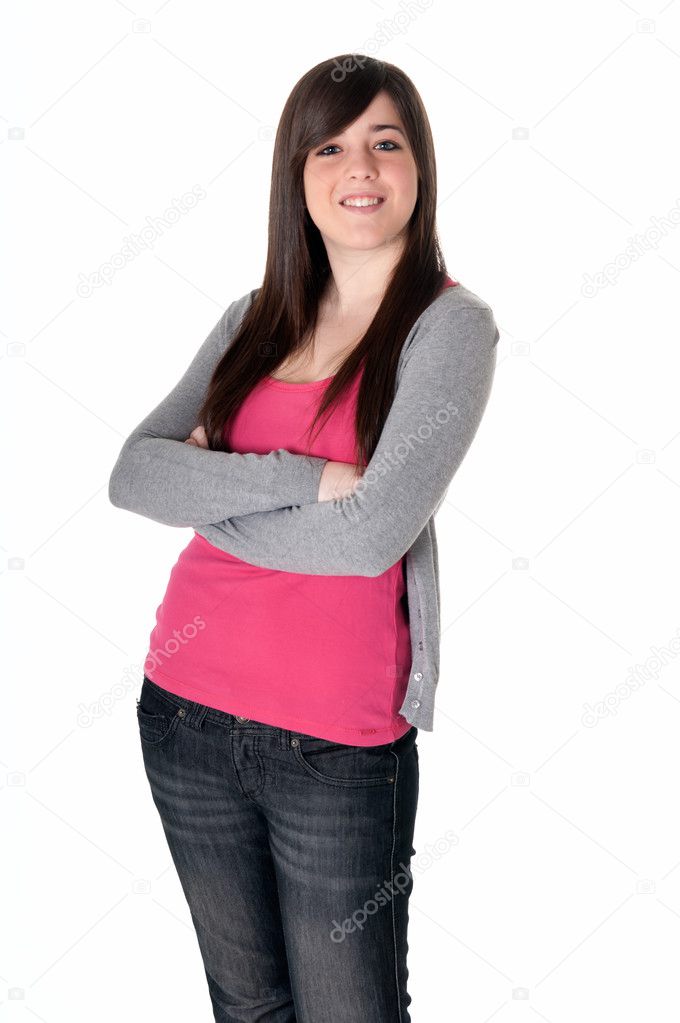 Young female cheerful with arms crossed isolated on white background.