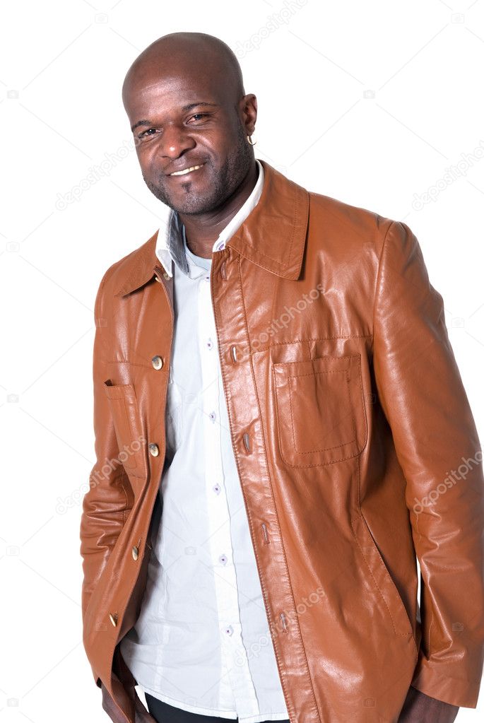 Handsome black man with leather jacket isolated on white background