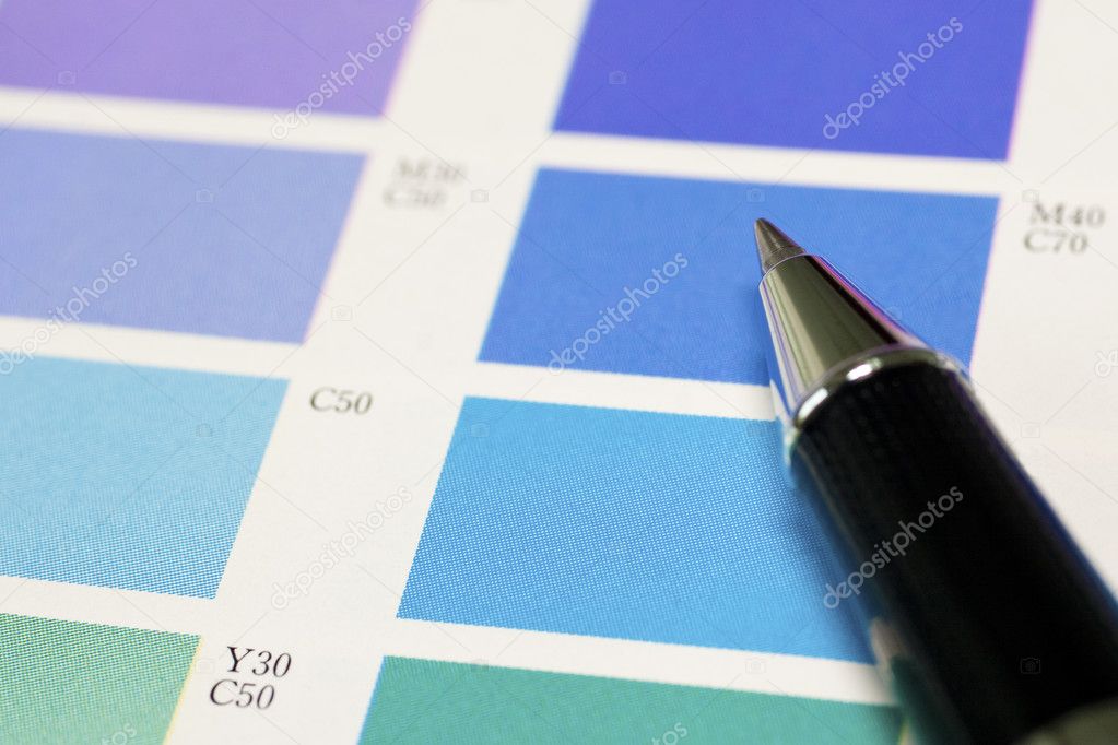 A pen and blue process color chart