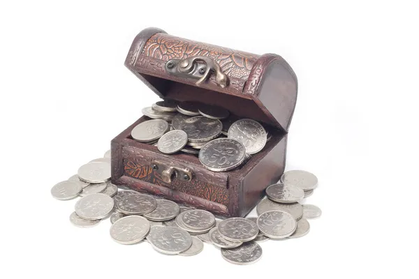 stock image Malaysia coins in treasure chest