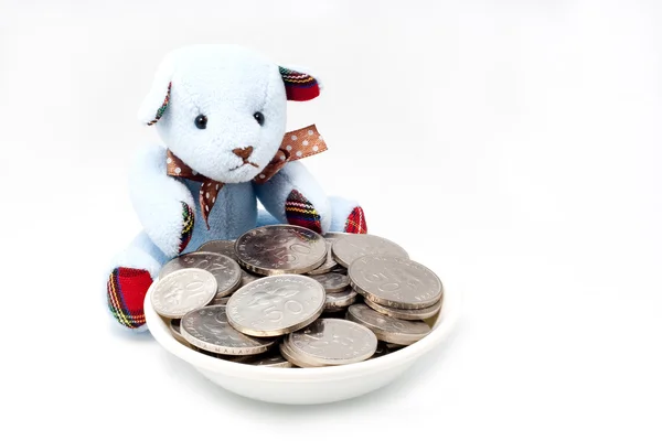 Bär bewacht Münzen mit einem isolierten whi — Stockfoto