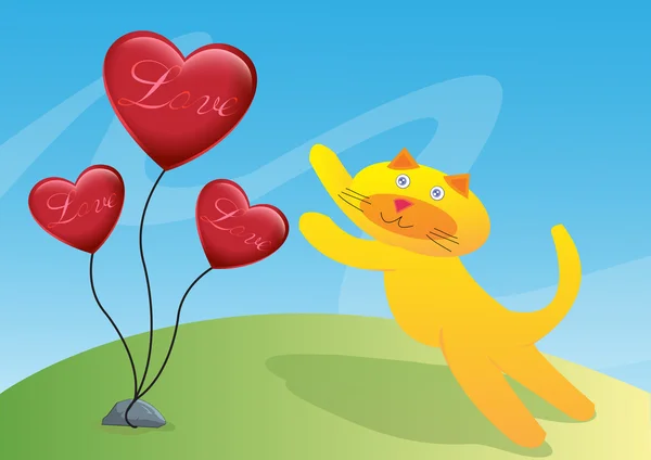 Kedi ve üç aşk ballon illüstrasyon vektör — Stok Vektör