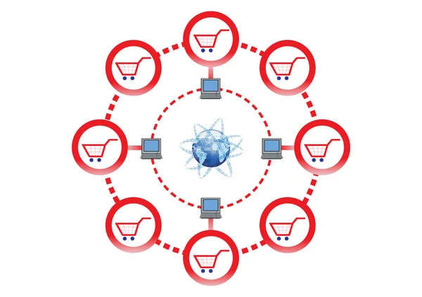 Online winkelen netwerk ter illustratie van de wereldmarkt in vector — Stockvector